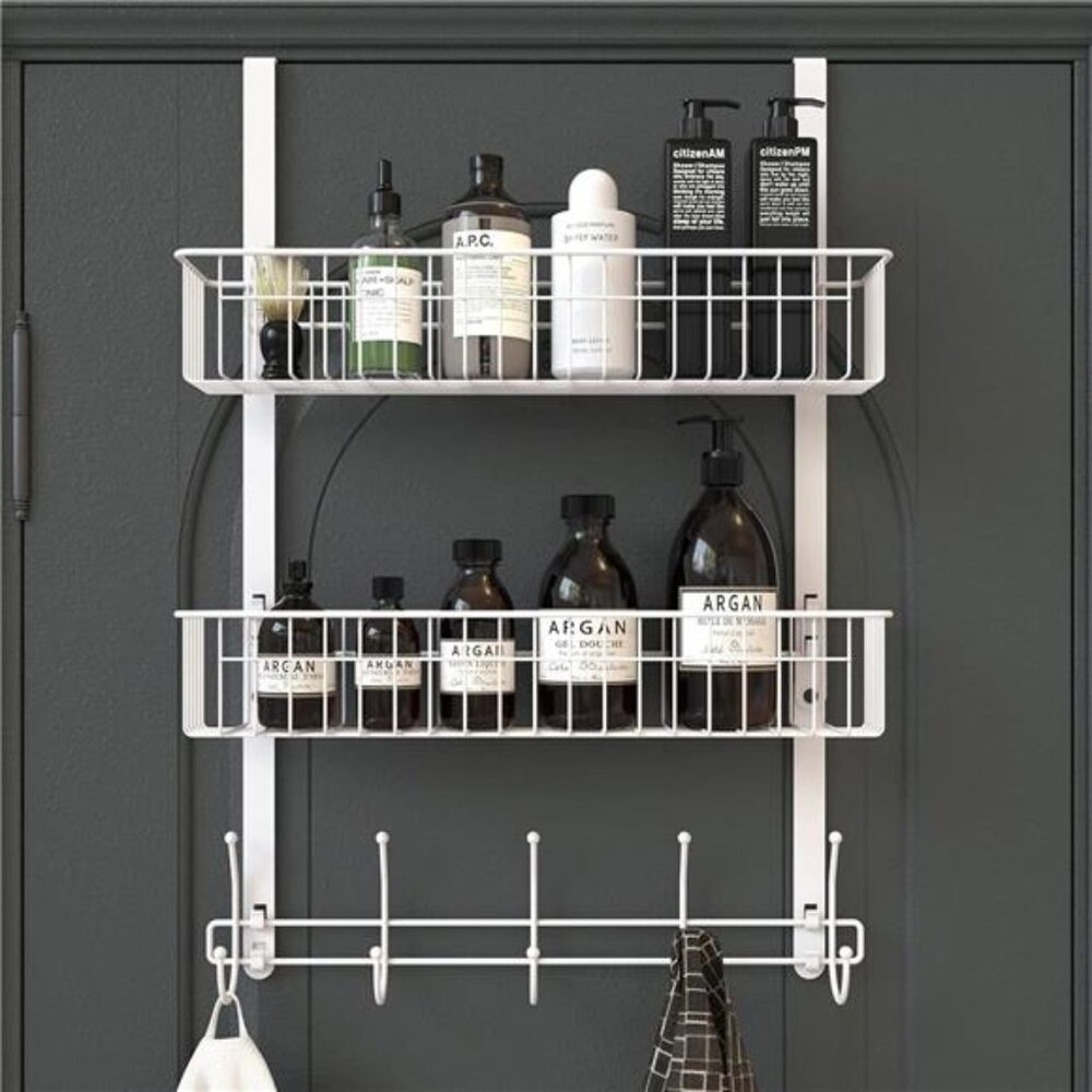 Over Door Hooks Organizer Towel Rack Coat Hanger 10 Hooks 2 Mesh Baskets White